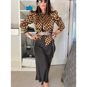 Richard Warren Pure Silk Vintage Peplum Blazer Beige Black Diamond Grid Size 4